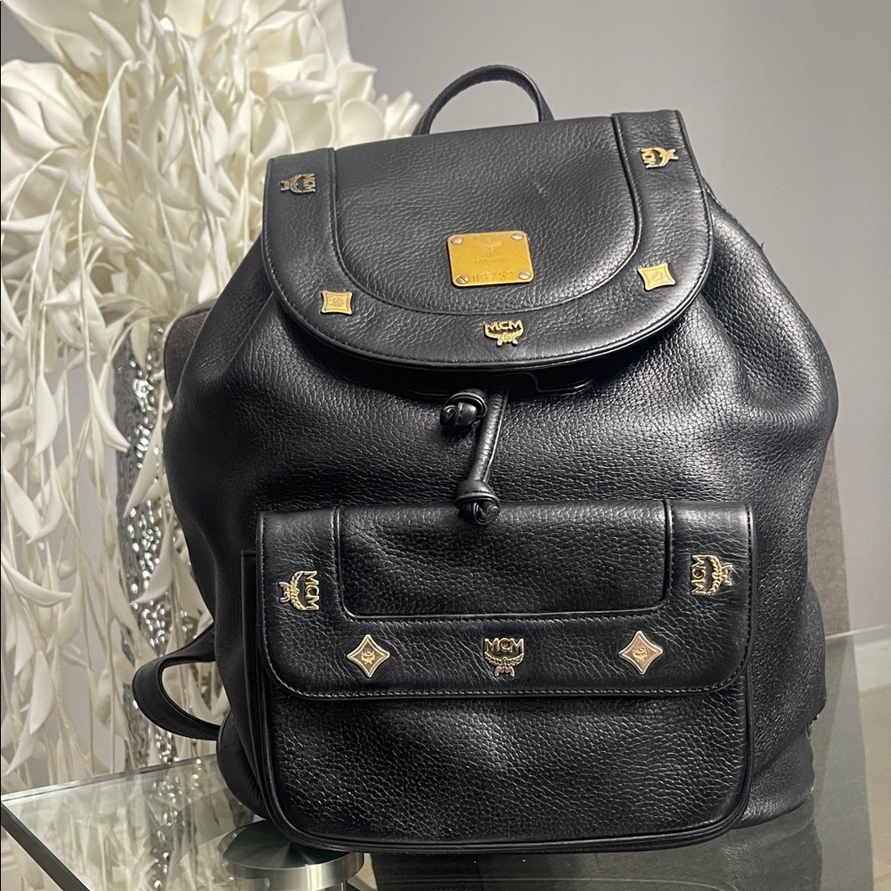 MCM Black Backpack with Gold Details
